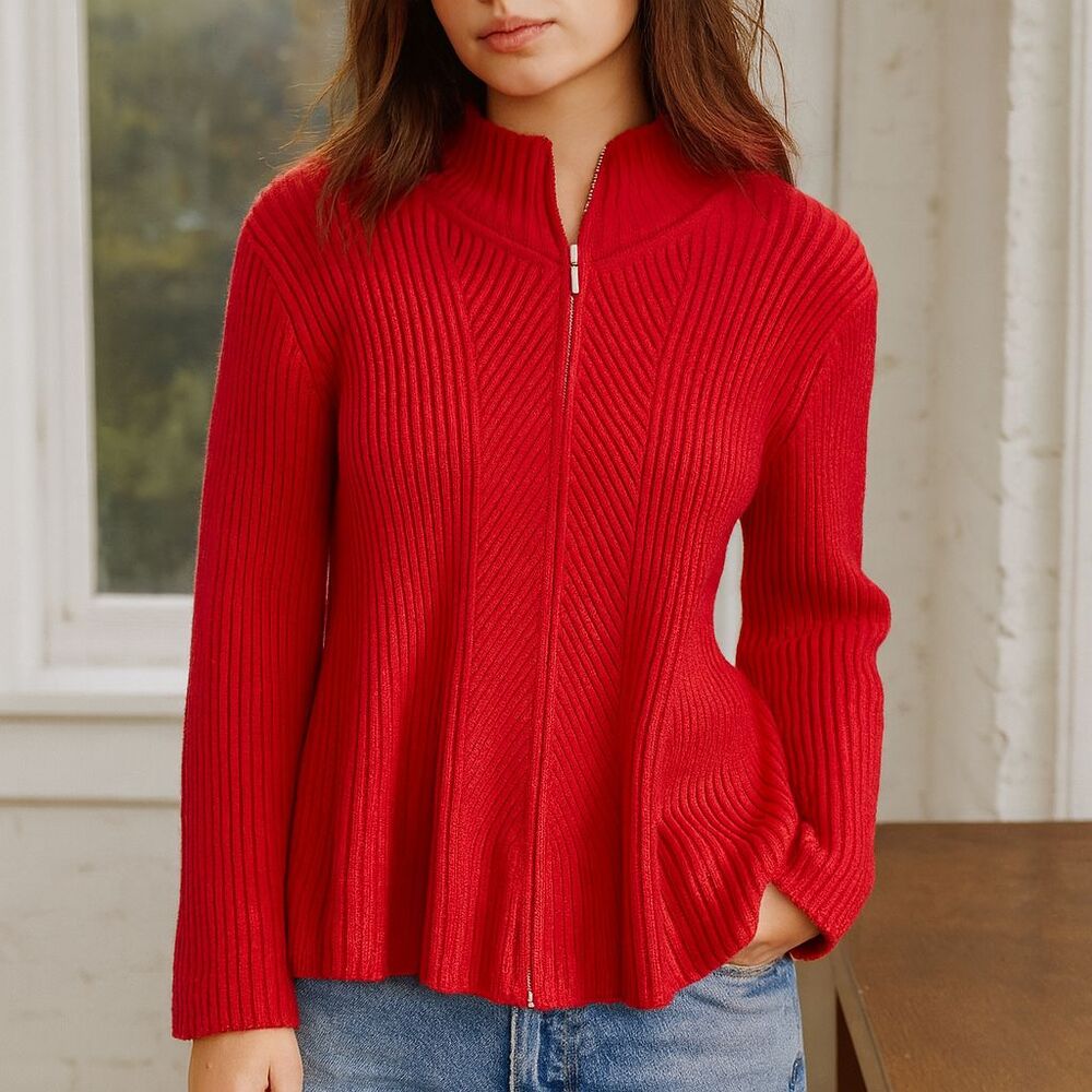 90s Y2K Villager Sport Sweater XL Red Rib Knit Full Two Way Zipper Heavy Cotton